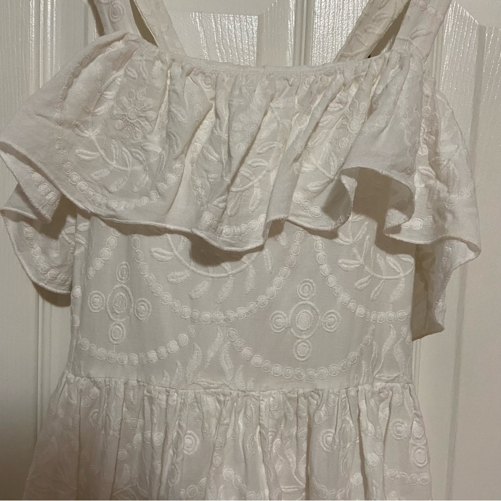 Madewell Embroidered Apron Ruffle Dress White Lace Criss Cross Back Size 10 - Picture 6 of 13